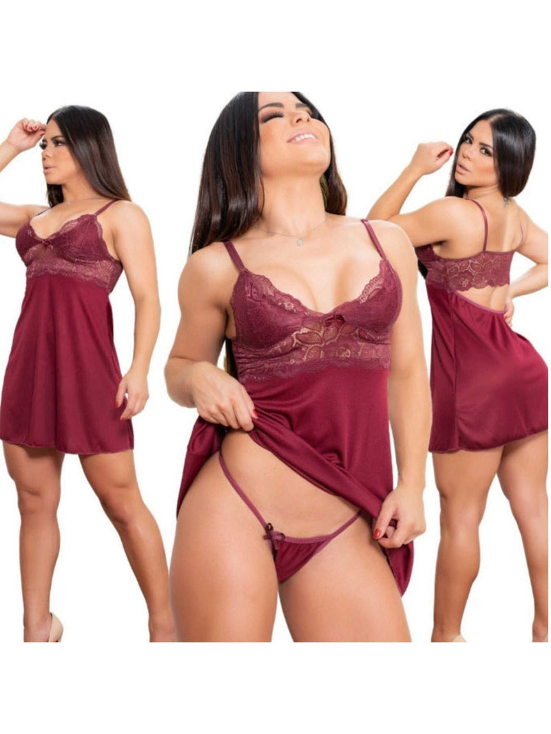 Camisola feminina com renda e calcinha sexy