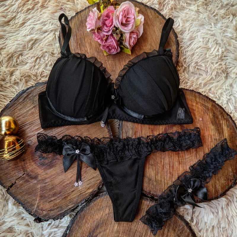 Conjunto Perneira lingerie de luxo calcinha fio dental langerie sensual